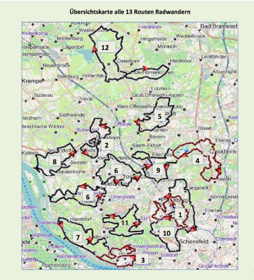 Übersichtskarte der 13 Routen      Radwandern